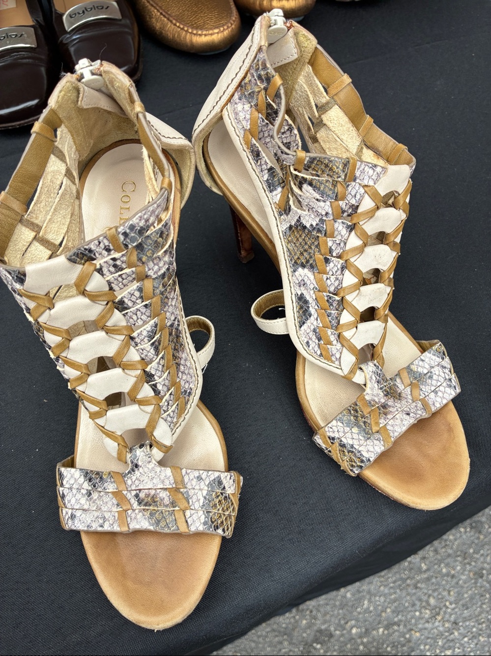 Cole Haan woven and embossed leather snakeskin back zip wood heel sandal…
